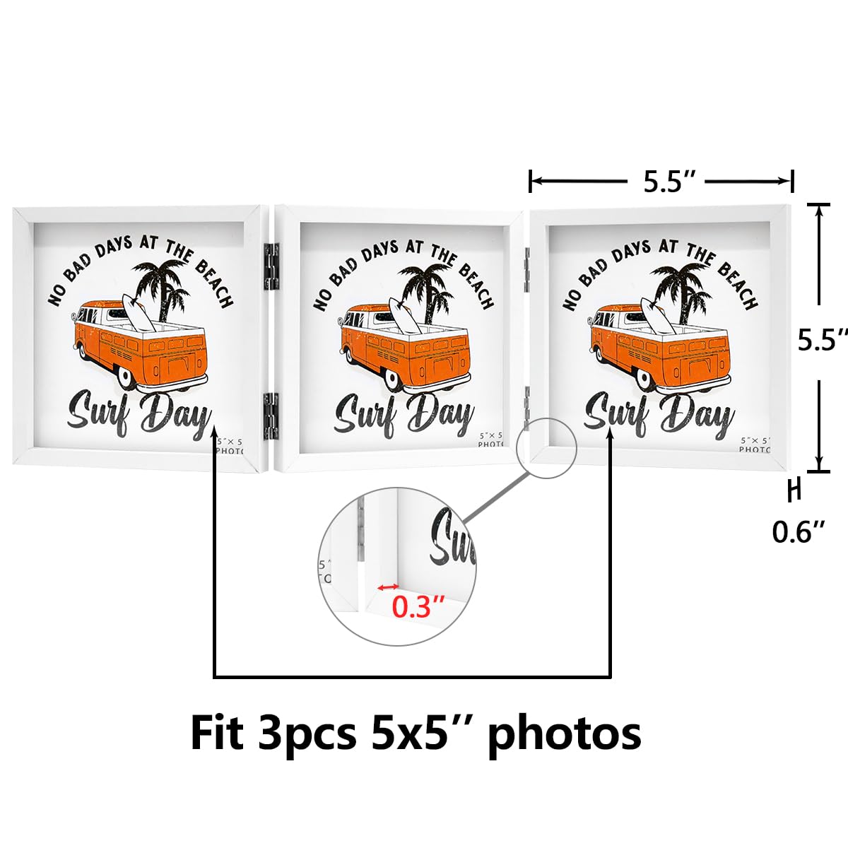 3 Picture Frame 5x5 White Triple Hinged MDF Wood with Glass Front Three Opening Photo Frame Stand Vertical on Tabletop